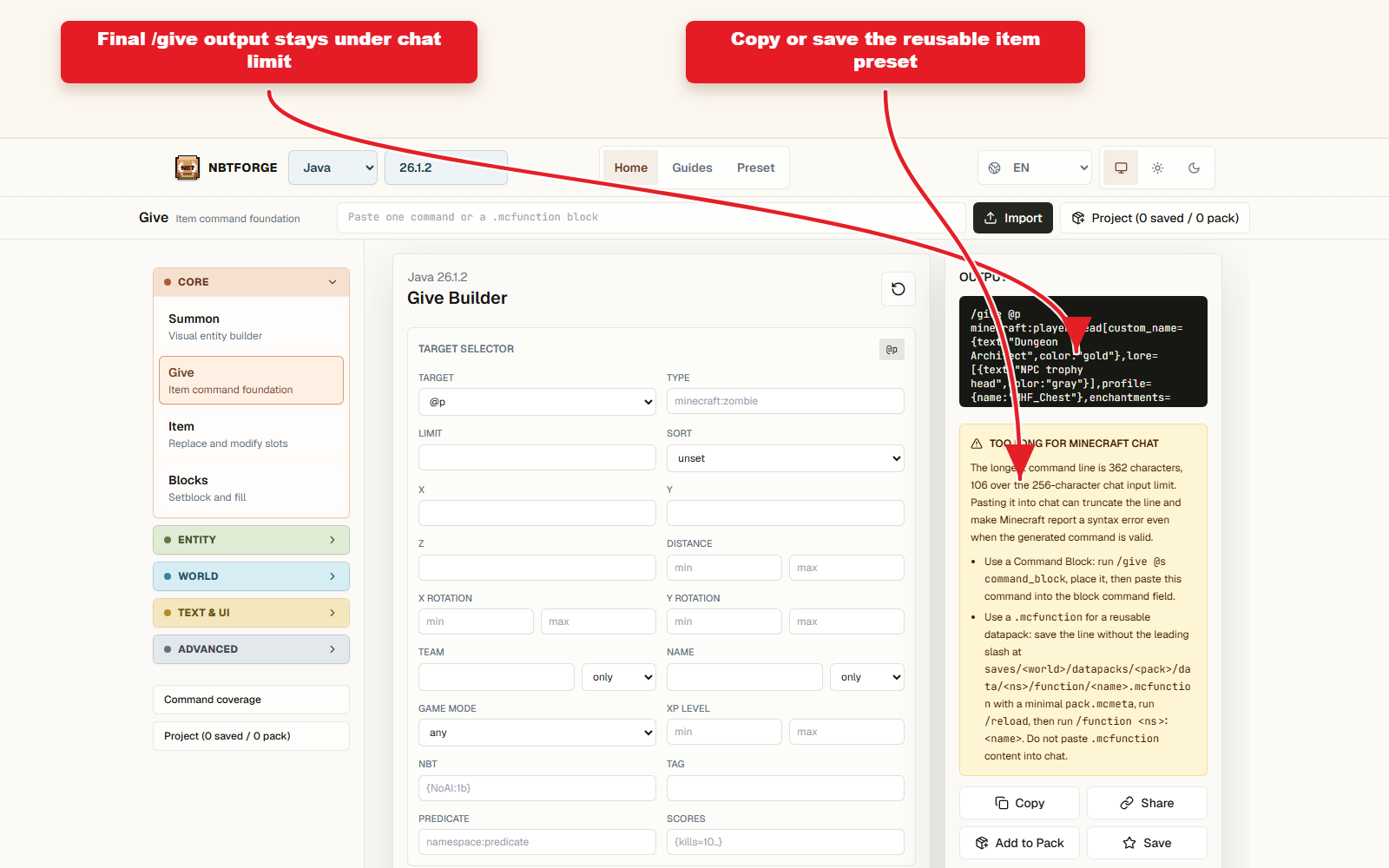 Output Give prête pour Copy pour l'objet de profil Player head.