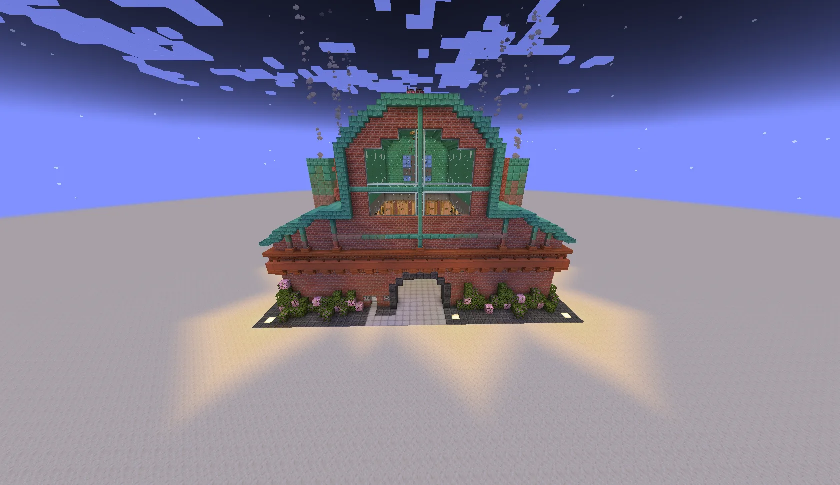 Max steam engine power plant with polished deepslate structure, brick walls, copper roofing, fluid tanks, accumulators, and large industrial mass.