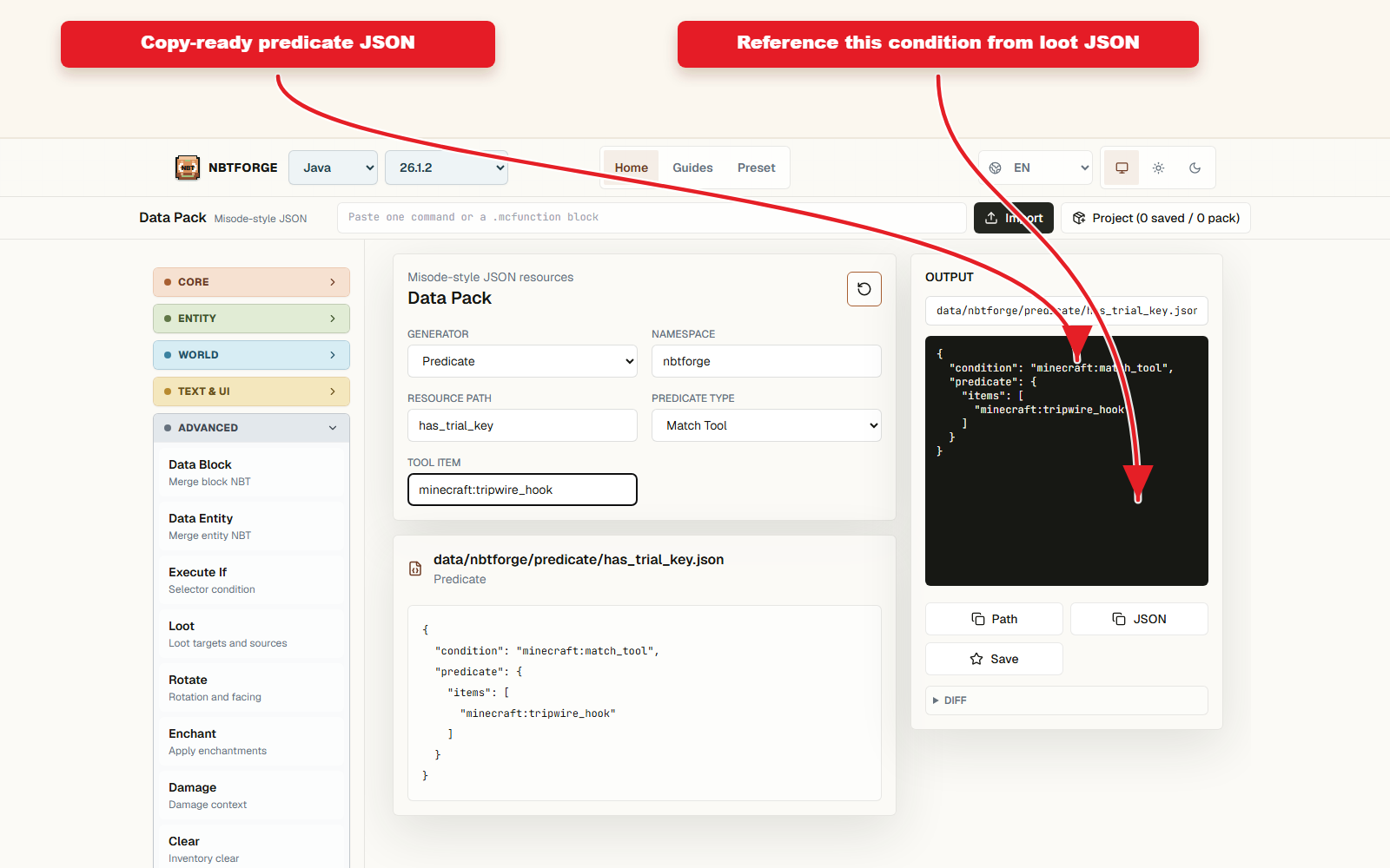 Output siap Copy untuk preset Predikat untuk loot bersyarat.