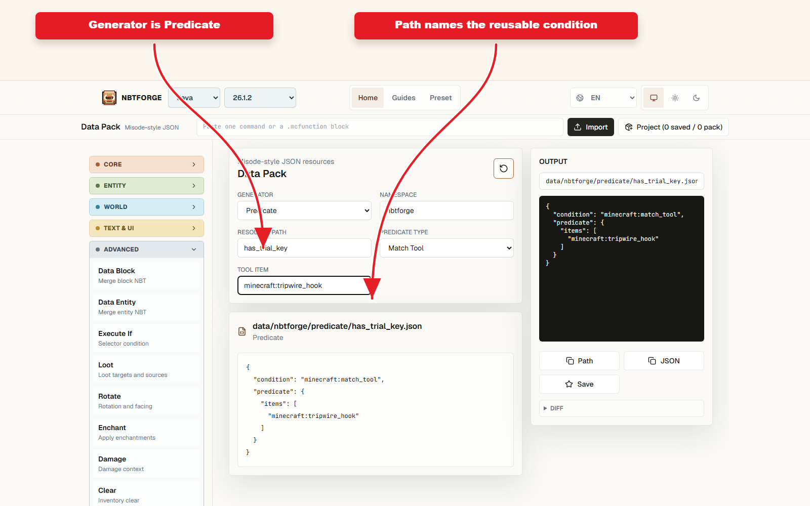 workbench NBTForge Data Pack dikonfigurasi untuk preset Predikat untuk penjarahan bersyarat.