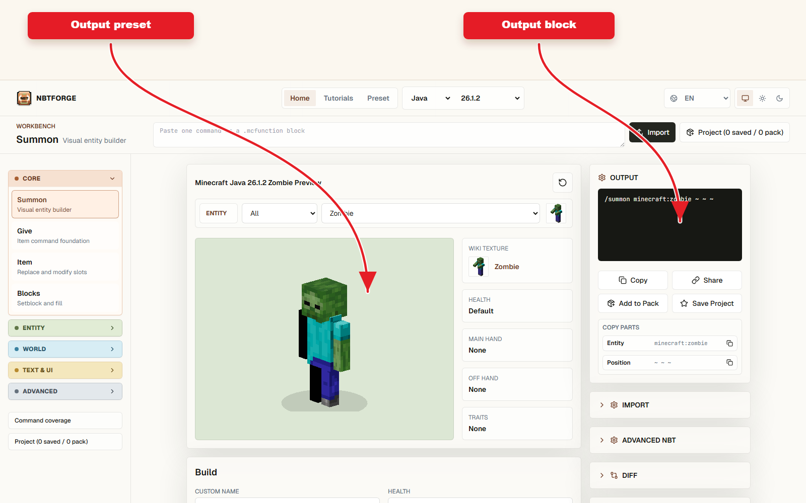 NBTForge Output screenshot for command preset import diff