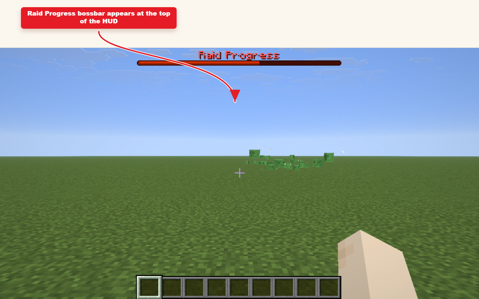 Tangkapan layar Minecraft dalam game menunjukkan hasil preset bossbar kemajuan Raid.