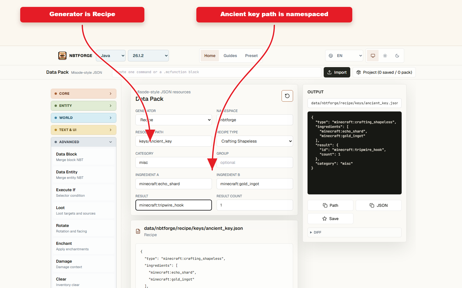 workbench NBTForge Data Pack configuré pour le preset de recettes pour la fabrication personnalisée.