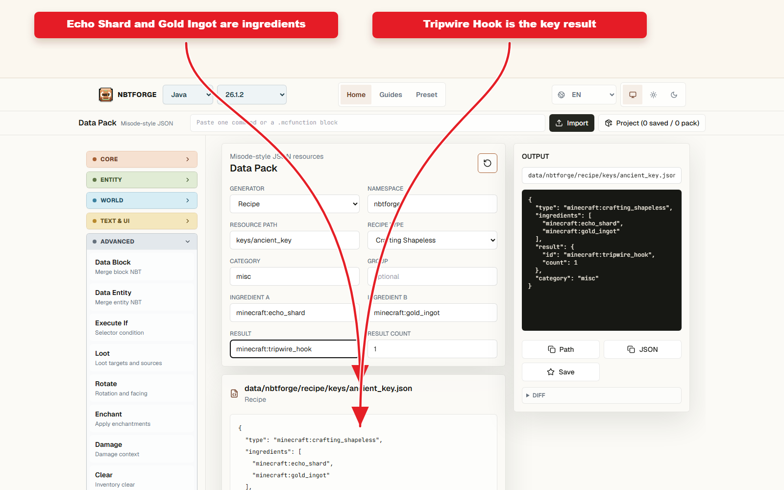 Commandes Data Pack détaillées pour le preset de recette pour la création personnalisée.