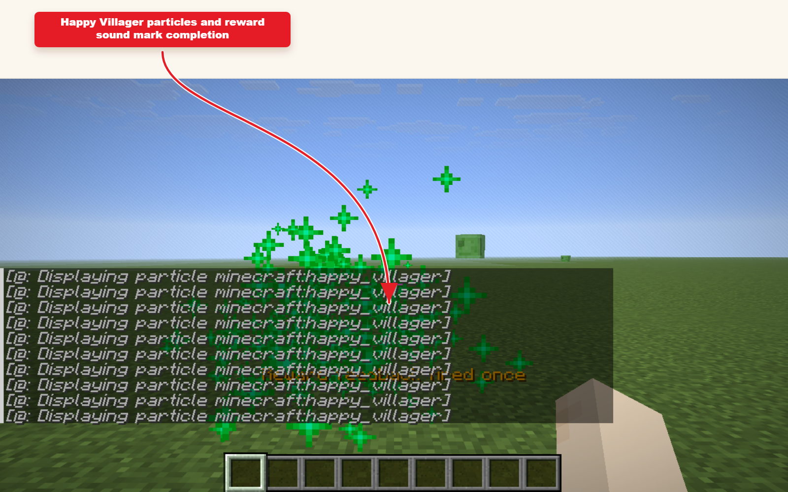 Capture d'écran Minecraft en jeu montrant le résultat du preset de retour de récompense avec son et particules.