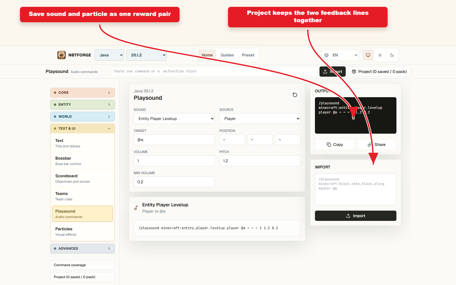 Output compatible Copy pour un retour de récompense prédéfini avec son et particules.
