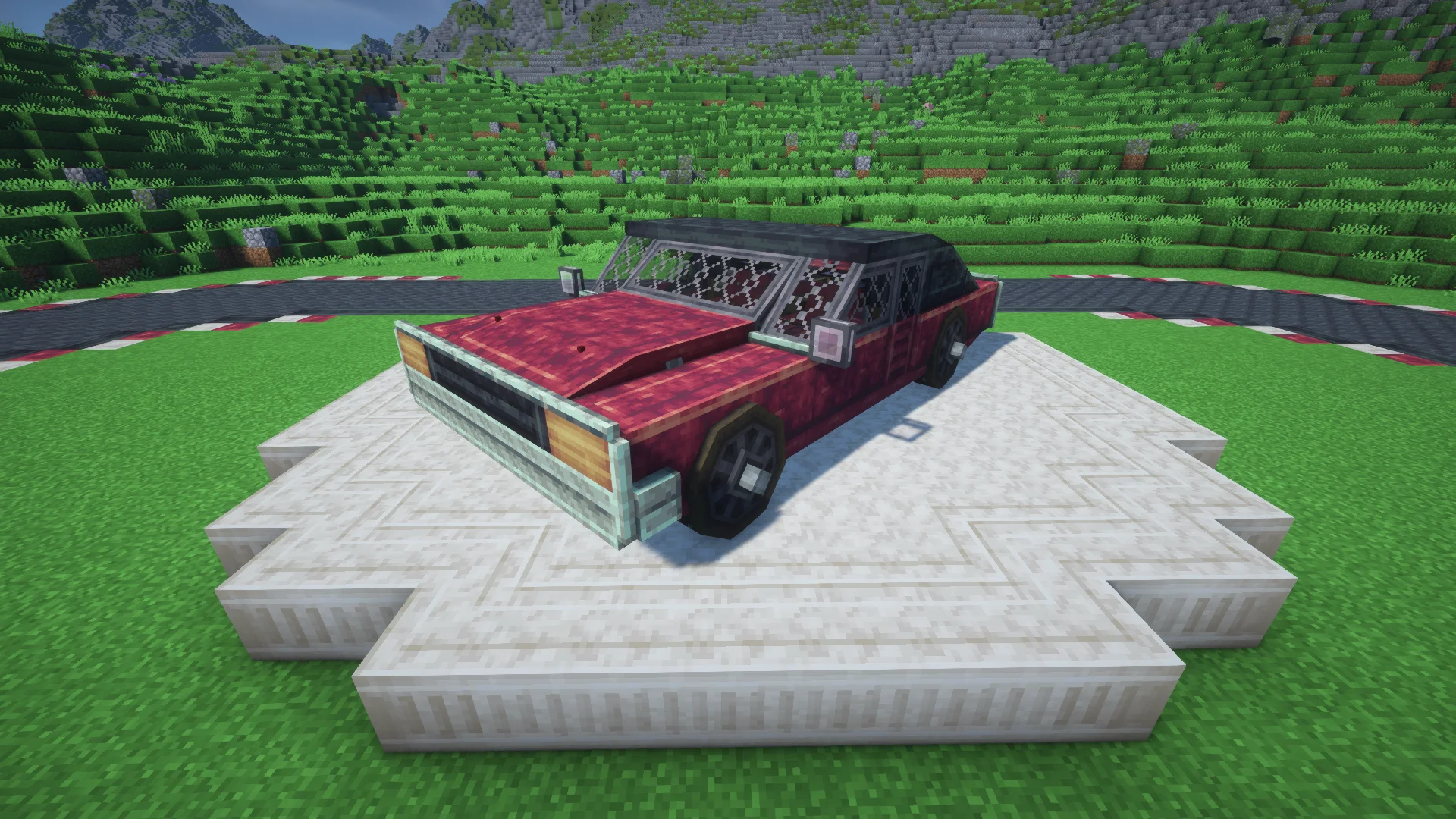 Road Car - 1960 Muscle Car with Copycat Slope Layer, Copycat Layer, Copycat Slice, Layered Crimsite, Copycat Stacked Half Layer, Copycat Board, Redstone Link, and Encased Chain Drive, visible proportions, and a 12 x 4 x 7 schematic footprint.