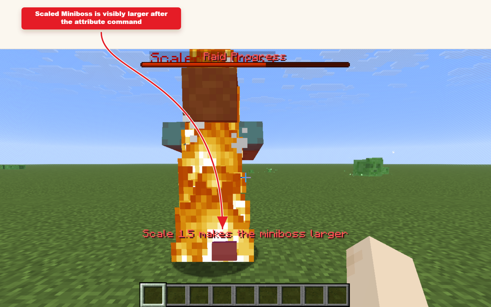 사용자 정의 mob에 대한 Scale 속성 preset 결과를 보여주는 게임 내 Minecraft 스크린샷.