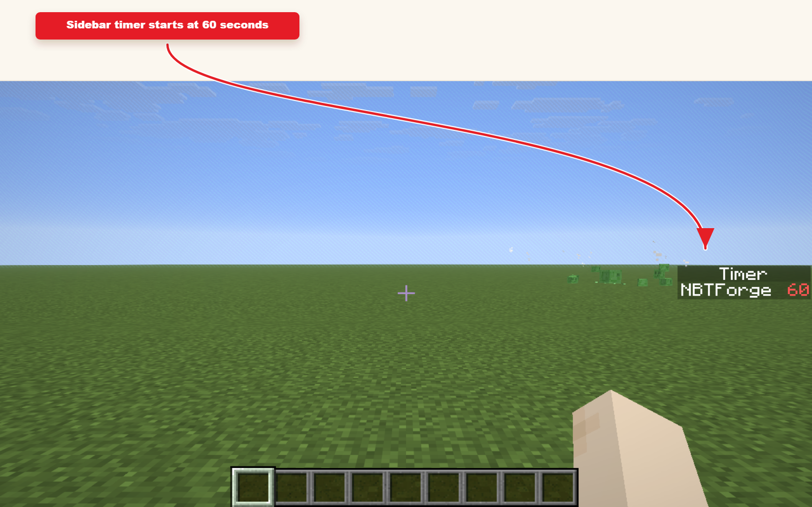 Capture d'écran Minecraft en jeu montrant le résultat du guide de commande prédéfini de la minuterie du scoreboard.