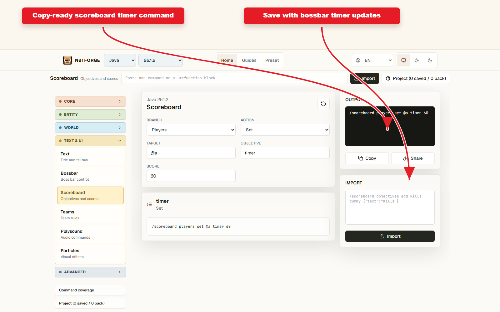 Output de commande compatible Copy pour le guide de commandes prédéfinies de la minuterie du scoreboard.