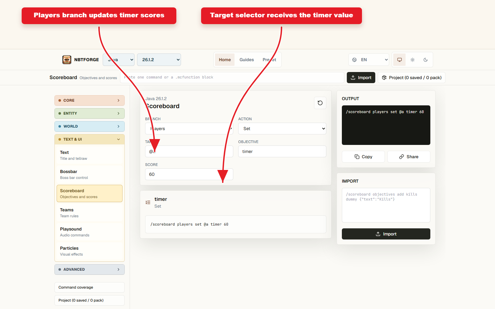 NBTForge workbench de scoreboard configuré pour le guide de commandes prédéfinies de la minuterie du scoreboard.