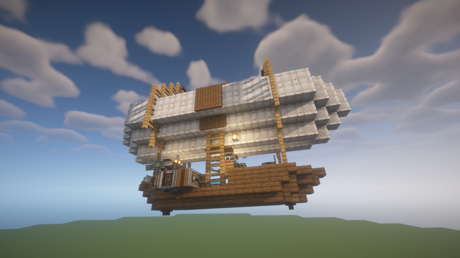 Small self-control airship with a white envelope, oak fence structure, spruce hull, lanterns, controls, and Create Aeronautics machinery.