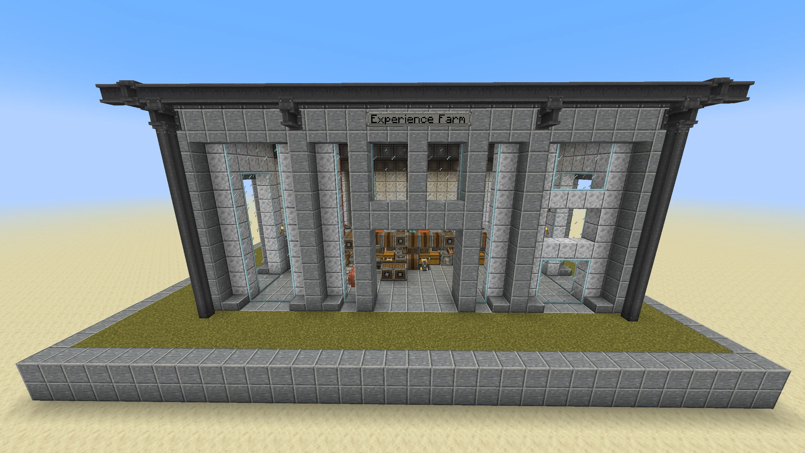 Silverfish Experience Farm with Polished Andesite, Stone, Industrial Iron Block, Polished Diorite, Grass Block, Framed Glass, Polished Andesite Slab, and Fluid Tank, visible proportions, and a 33 x 14 x 19 schematic footprint.