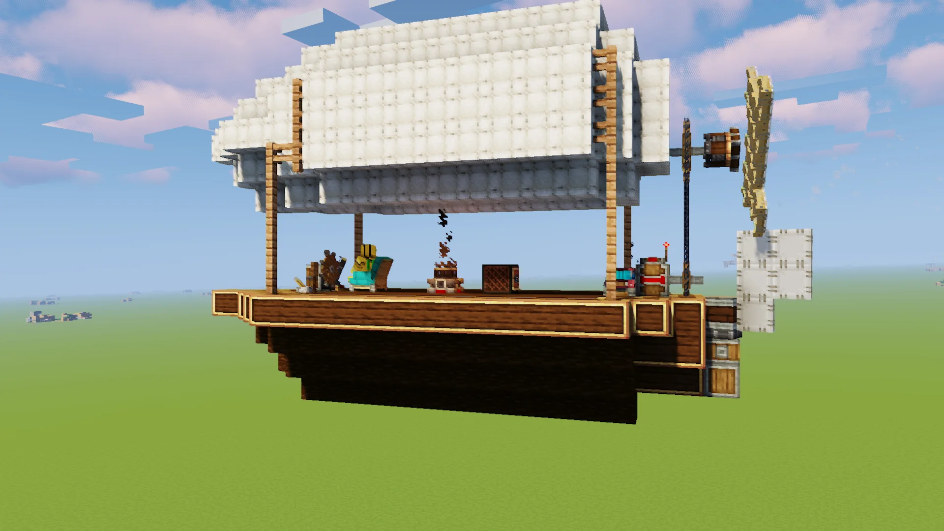 Simple Airship with White Envelope, Spruce Wood, Brass Casing, Jungle Fence, White Sail, Shaft, White Symmetric Sail, and Gearbox, visible proportions, and a 24 x 14 x 10 schematic footprint.