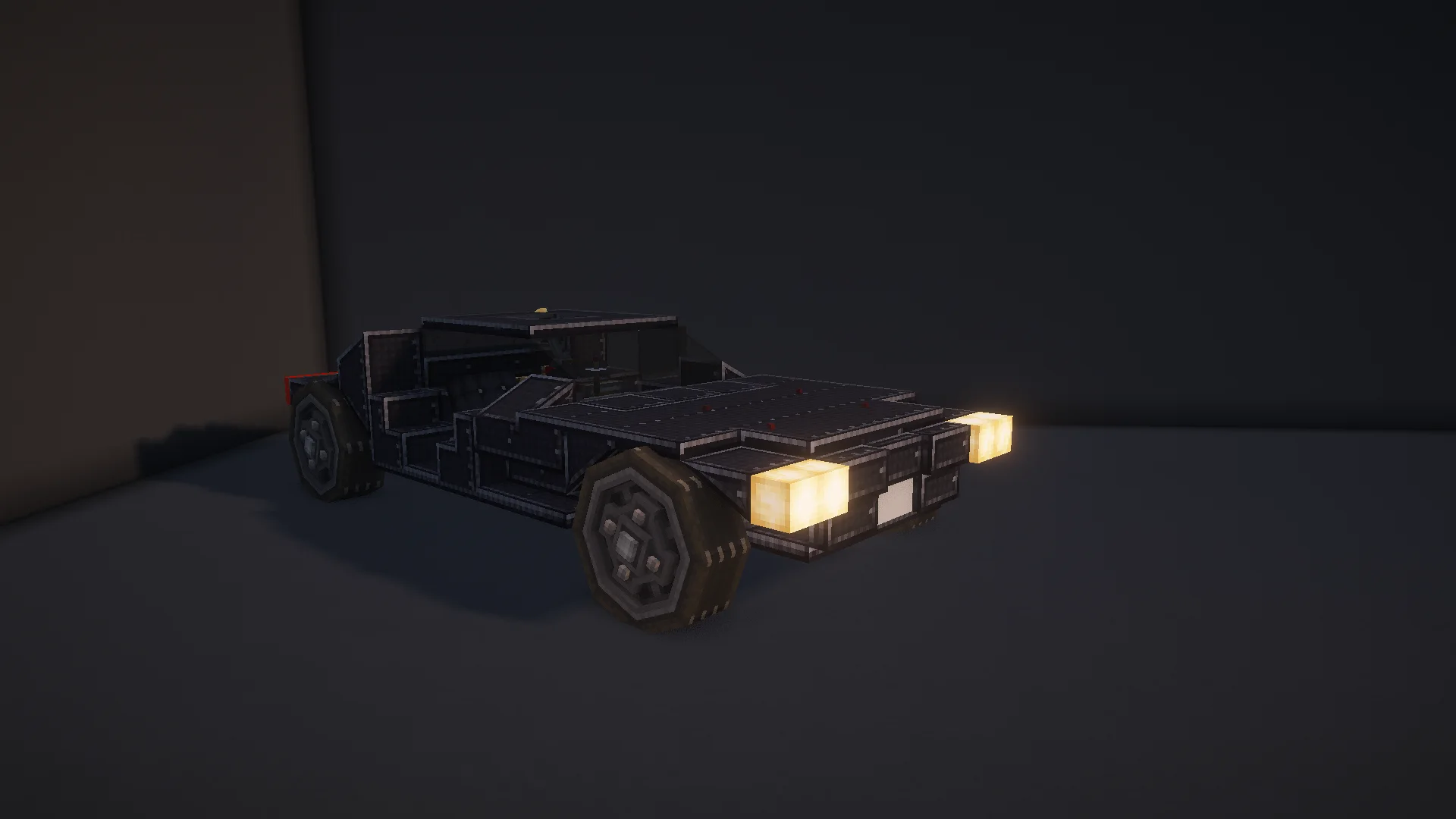 Simple Muscle Car with Black Riveted Locometal, Copycat Panel, Copycat Slope Layer, Copycat Stairs, Copycat Stacked Half Layer, Redstone Link, Copycat Trapdoor, and Encased Chain Drive, visible proportions, and a 13 x 4 x 7 schematic footprint.