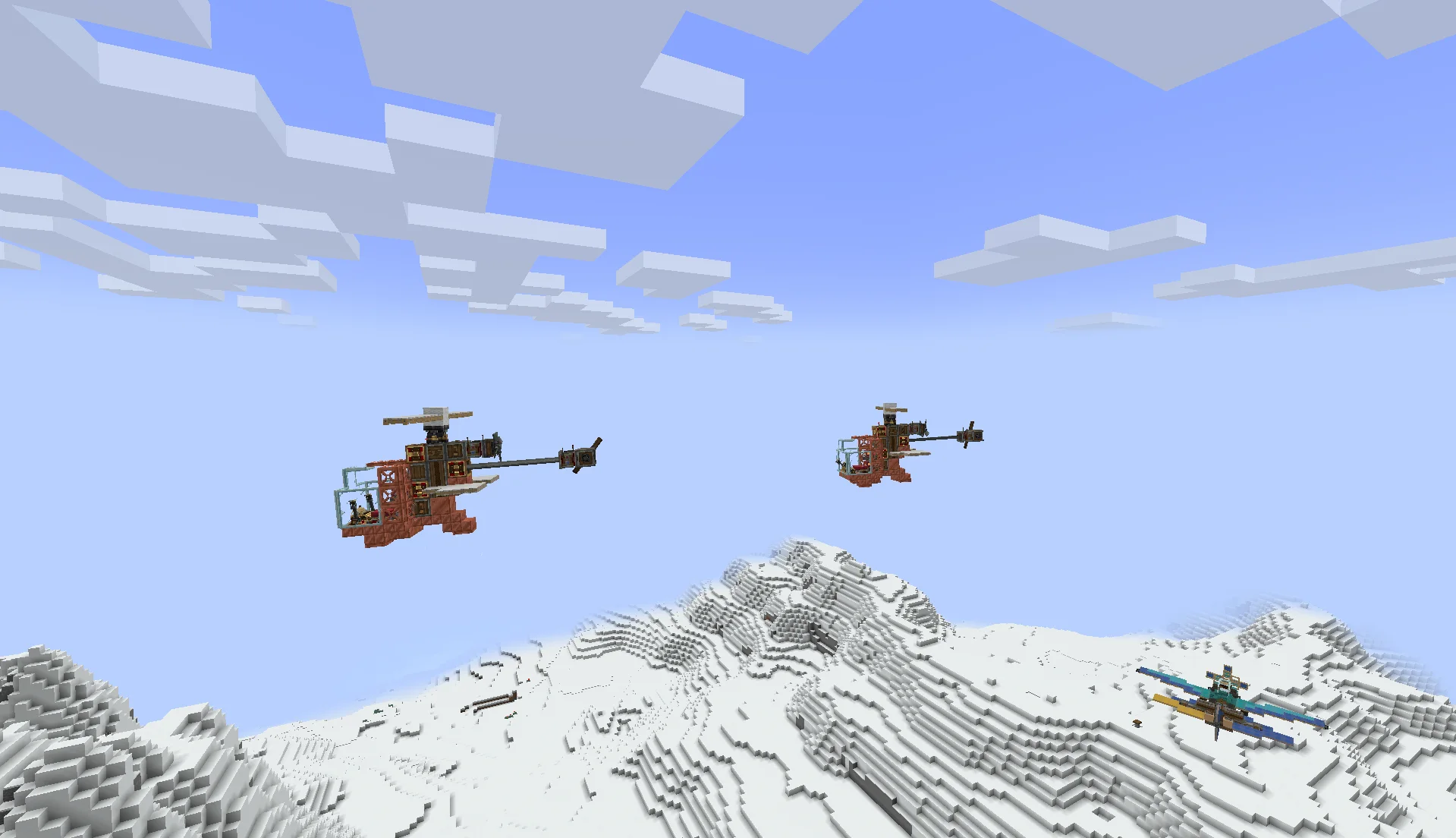 Small Survival Helicopter with Copycat Panel, White Symmetric Sail, White Sail, Redstone Link, Cut Copper Stairs, Copper Block, Shaft, and Analog Transmission, visible proportions, and a 14 x 8 x 11 schematic footprint.
