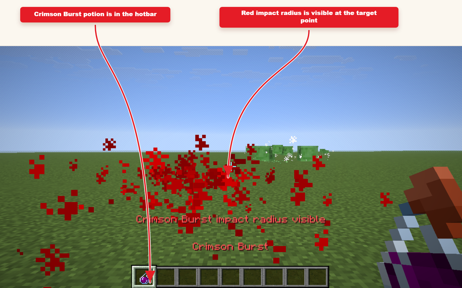 Özel renkle Splash iksiri ön ayarının sonucunu gösteren oyun içi Minecraft ekran görüntüsü.