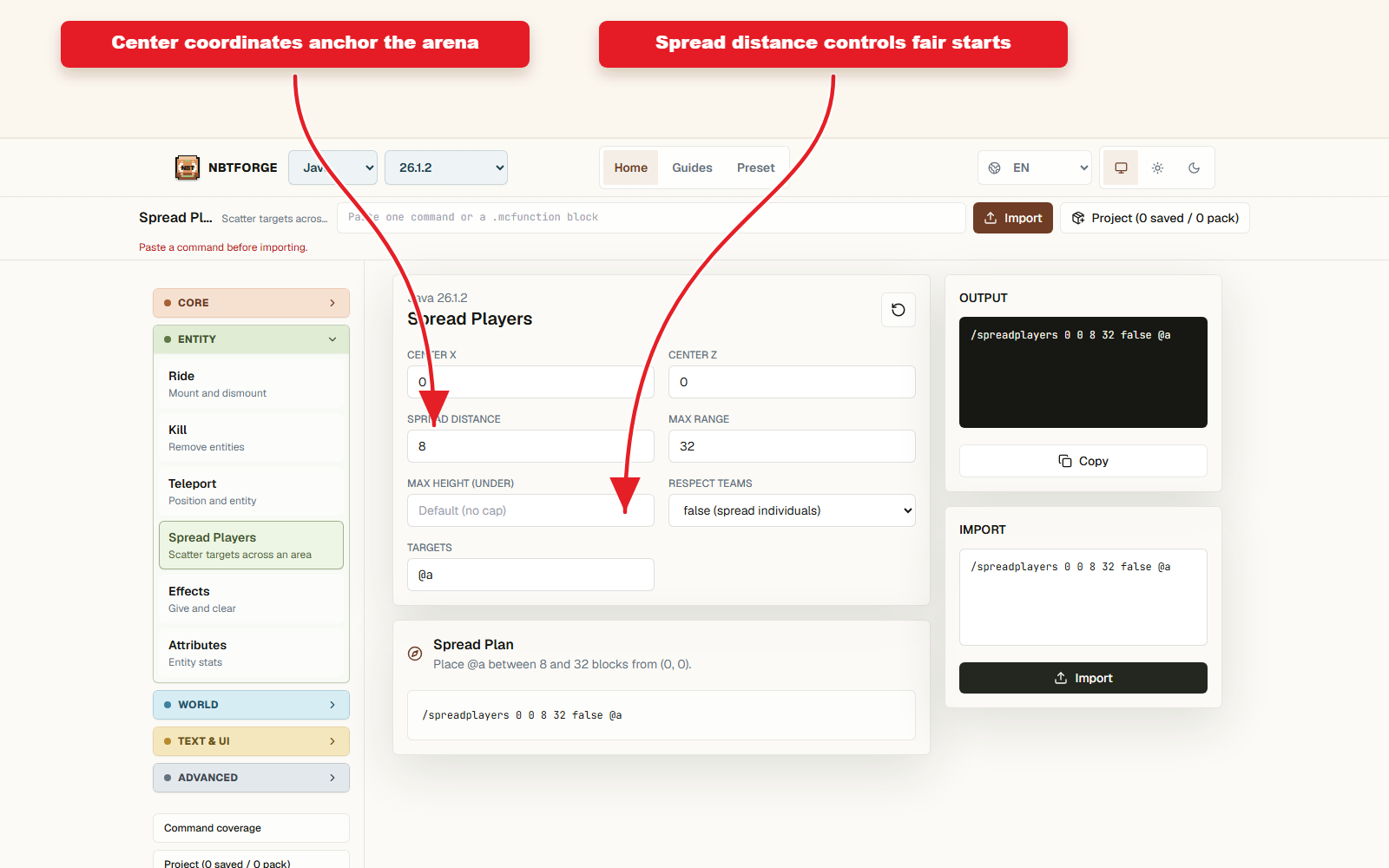 NBTForge Workbench Spread Players configuré pour le preset Spreadplayers pour les mini-jeux.