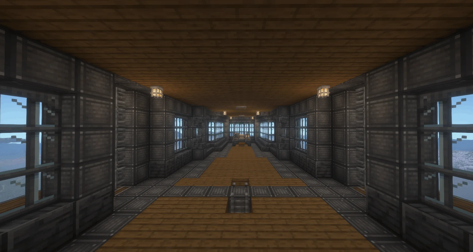 SRV Elkridge airship with a long industrial hull, large envelope volume, spruce deck sections, metal girders, and base-like interior mass.