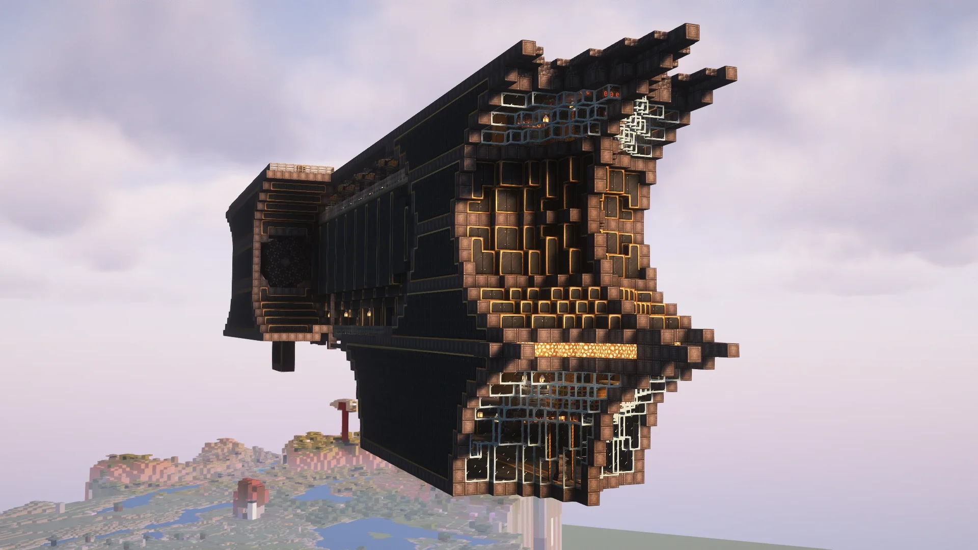 SS Venator skybase carrier factory with gray envelope mass, railway casing hull, industrial iron blocks, deepslate slabs, and factory carrier profile.