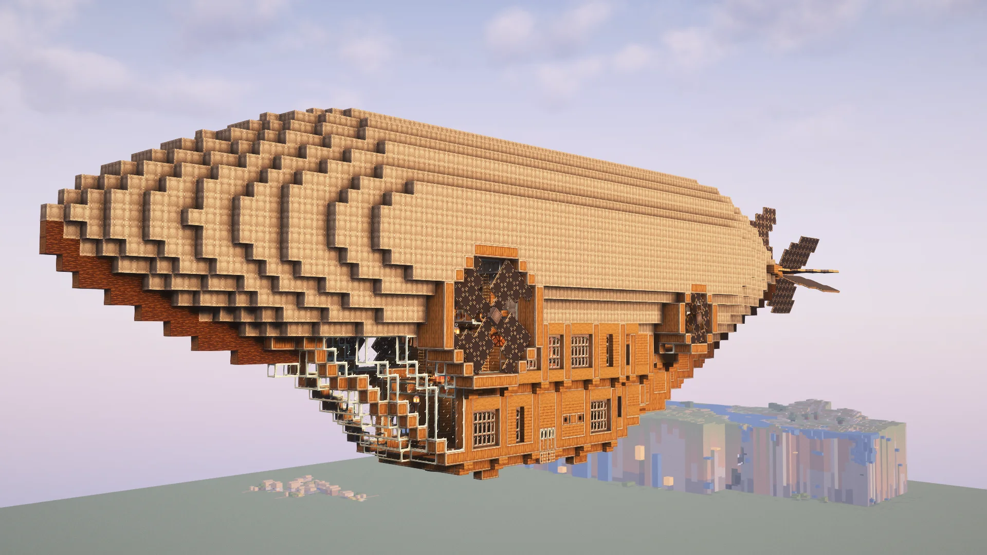 SS.Venture with Light Gray Envelope, Andesite Casing, Framed Glass, Black Symmetric Sail, Spruce Planks, Spruce Log, Industrial Iron Window Pane, and Shaft, visible proportions, and a 17 x 30 x 100 schematic footprint.