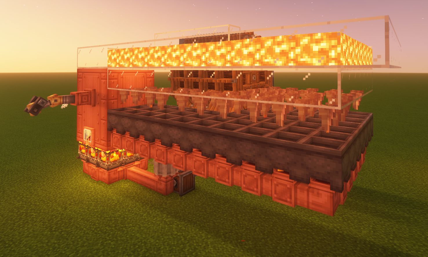 Compact level-9 steam engine with glass tank bank, lava layer, cauldrons, fluid pipes, blaze burners, and Create power machinery.