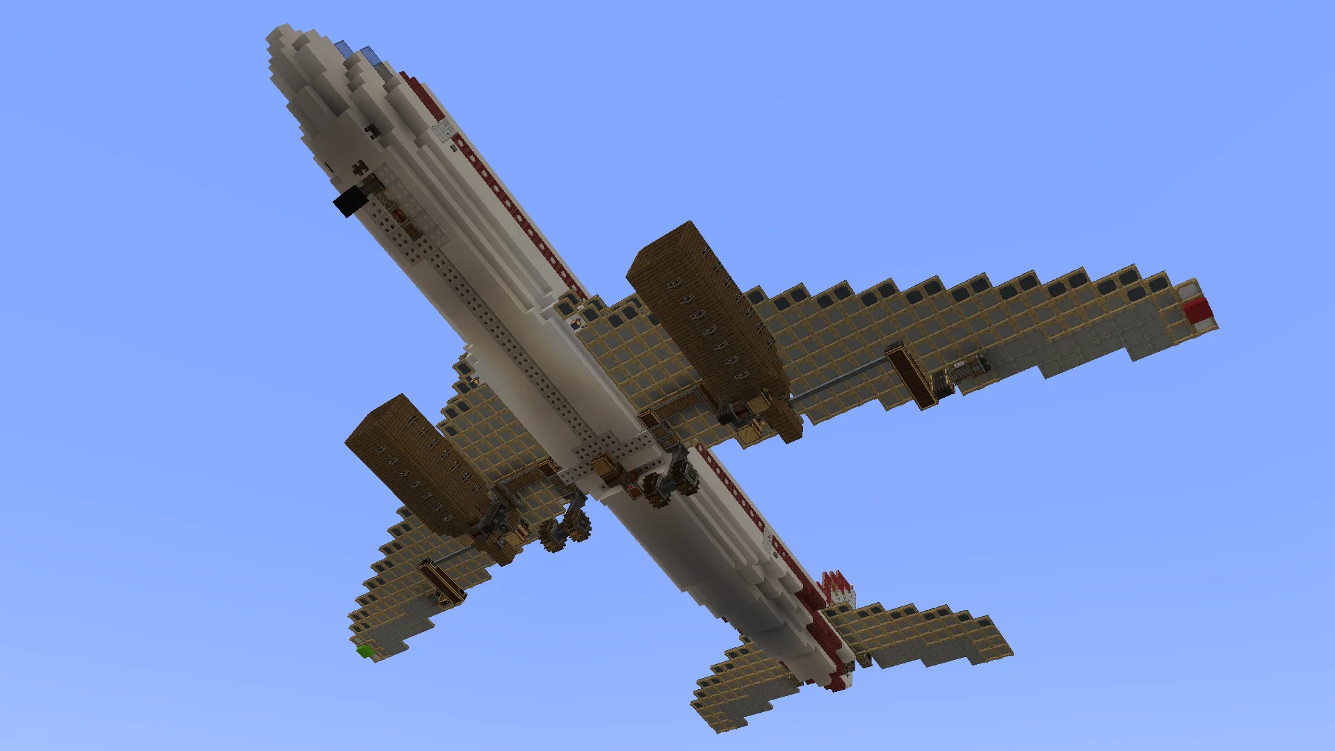 Steam powered Airliner (survival friendly, has interior) with Light Gray Sail, Smooth Quartz, Smooth Quartz Stairs, Spruce Trapdoor, White Sail, Black Symmetric Sail, Smooth Quartz Slab, and Black Wool, visible proportions, and a 58 x 19 x 63 schematic footprint.