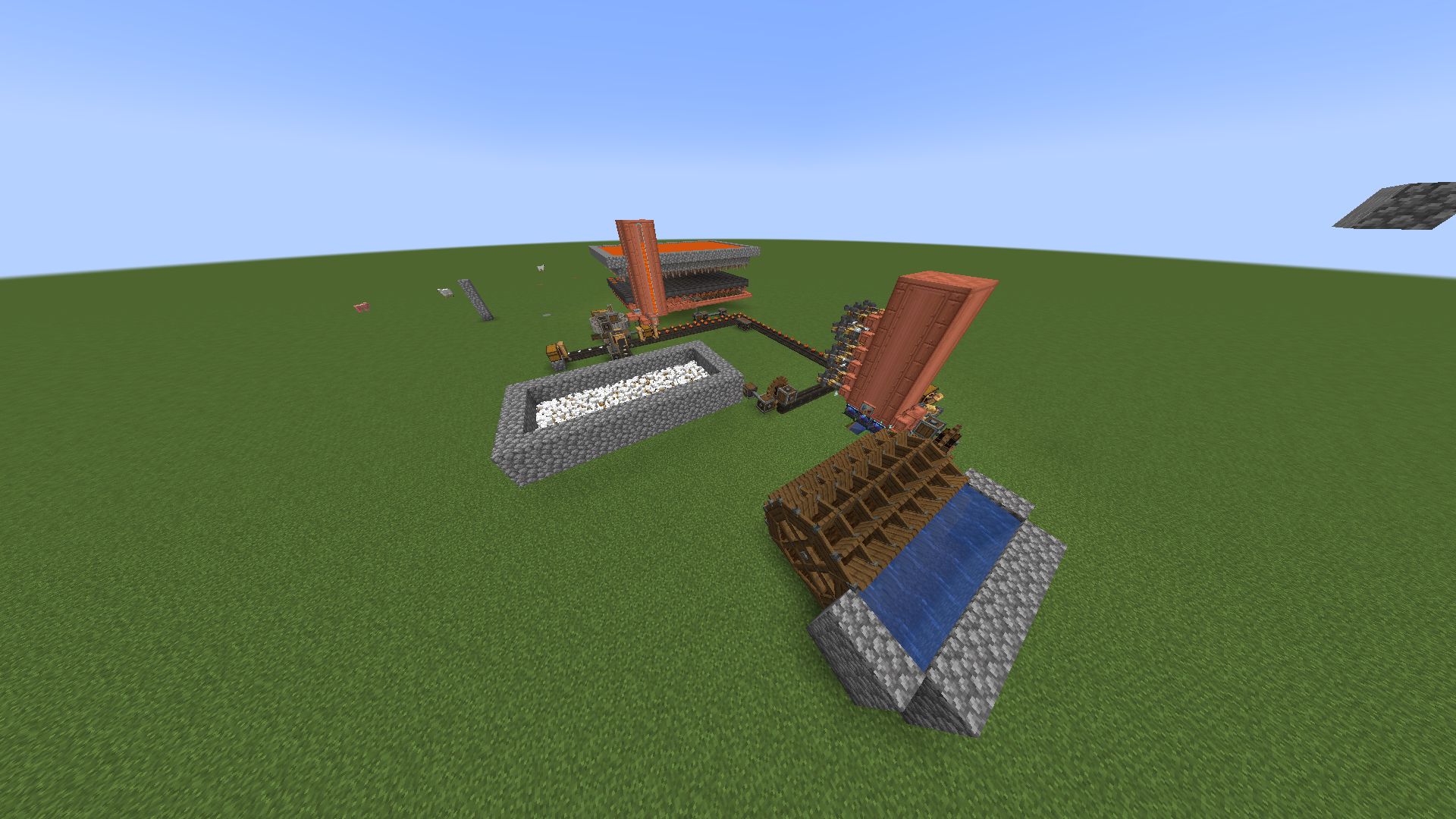 SteamEngine BlazeCakeFarm utility layout on grass with lava pool, sugar cane farm, chicken area, belts, tanks, pumps, and Create machinery.
