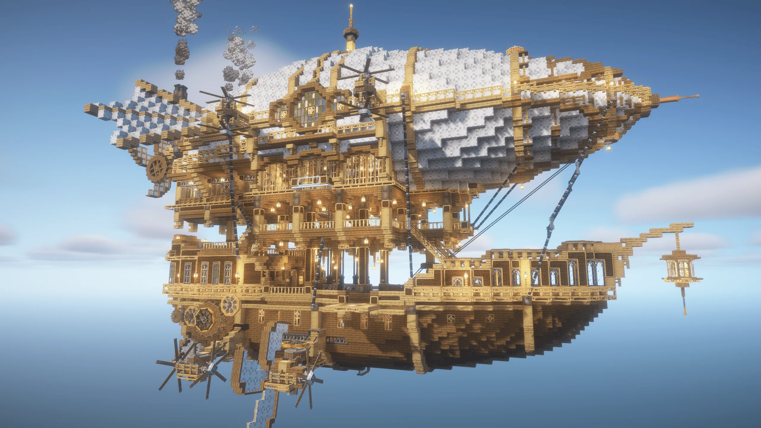 Steampunk Airship with White Balloon, Brass Casing, Spruce Stairs, Brass Scaffolding, Spruce Planks, Spruce Slab, Stripped Oak Wood, and Oak Stairs, visible proportions, and a 45 x 60 x 82 schematic footprint.