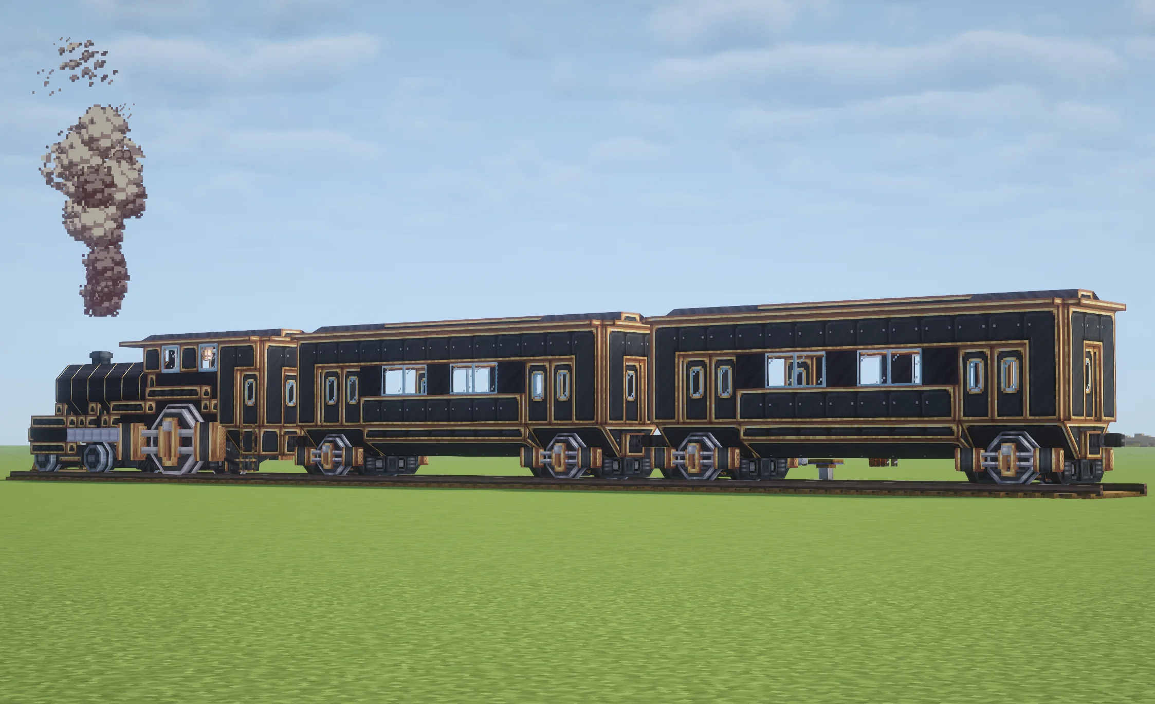 Ảnh xem trước Steampunk Train với các chi tiết chính như độ thẳng tuyến ray, mép sân ga, khoảng hở cửa, chỗ đặt tín hiệu và hướng tuyến.