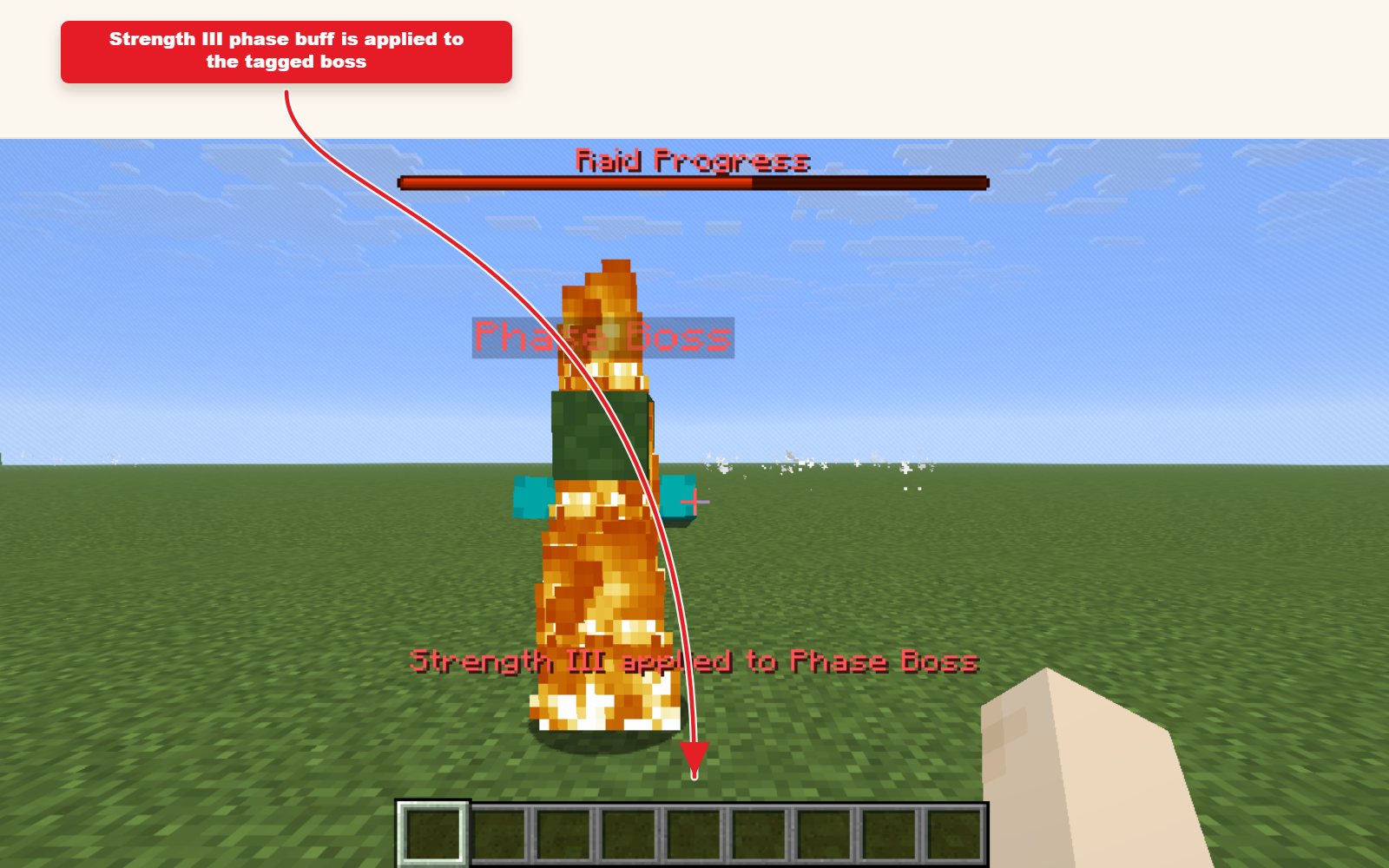 Capture d'écran Minecraft en jeu montrant le résultat du preset de l'effet de force pour les phases de boss.