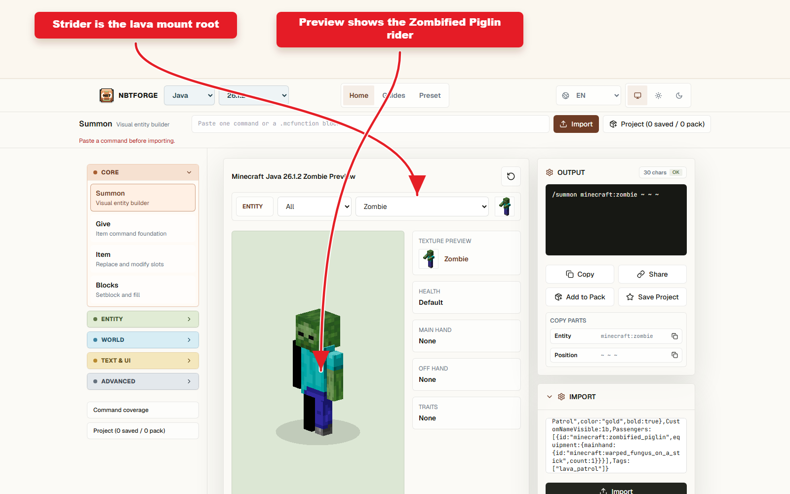 NBTForge Summon workbench skonfigurowany dla dżokeja z jeźdźcem Zombified Piglin.