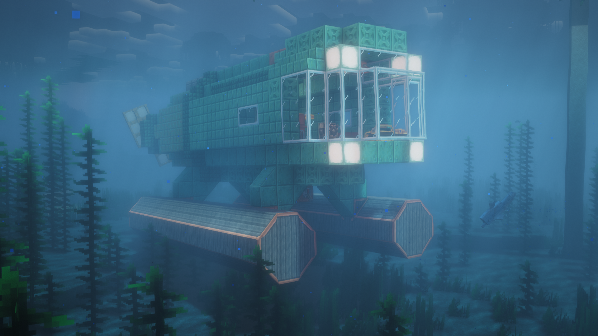 Compact submarine with rounded hull, glass viewing area, underwater vehicle shape, propulsion details, and Create submarine parts.