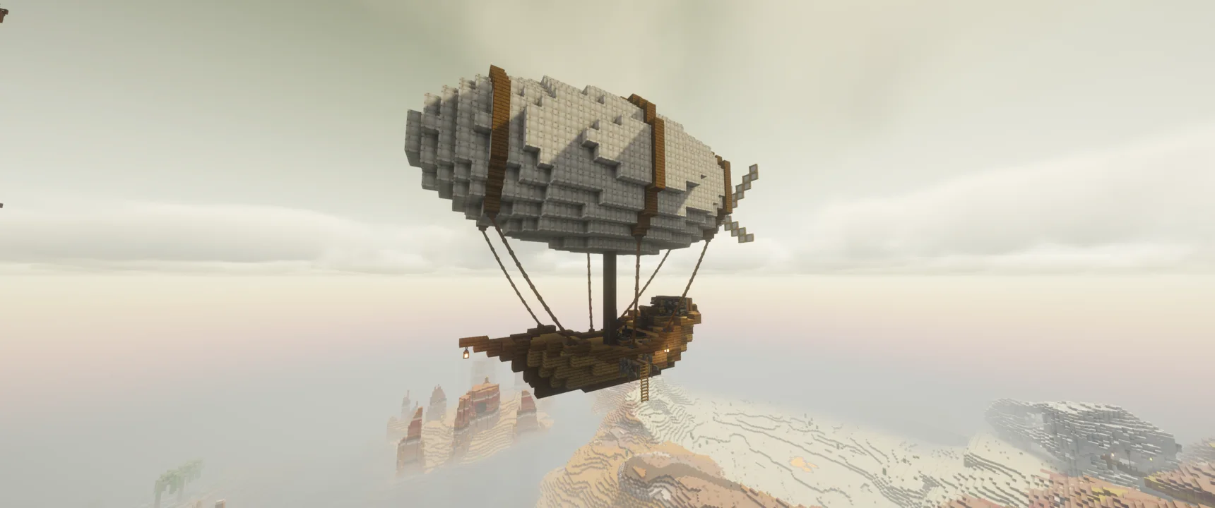Ảnh xem trước Survival Friendly Airship với các chi tiết chính như độ cân thân, dáng đáp, khoảng hở đuôi hoặc rotor, phía điều khiển và khoảng trống quanh bãi đáp.