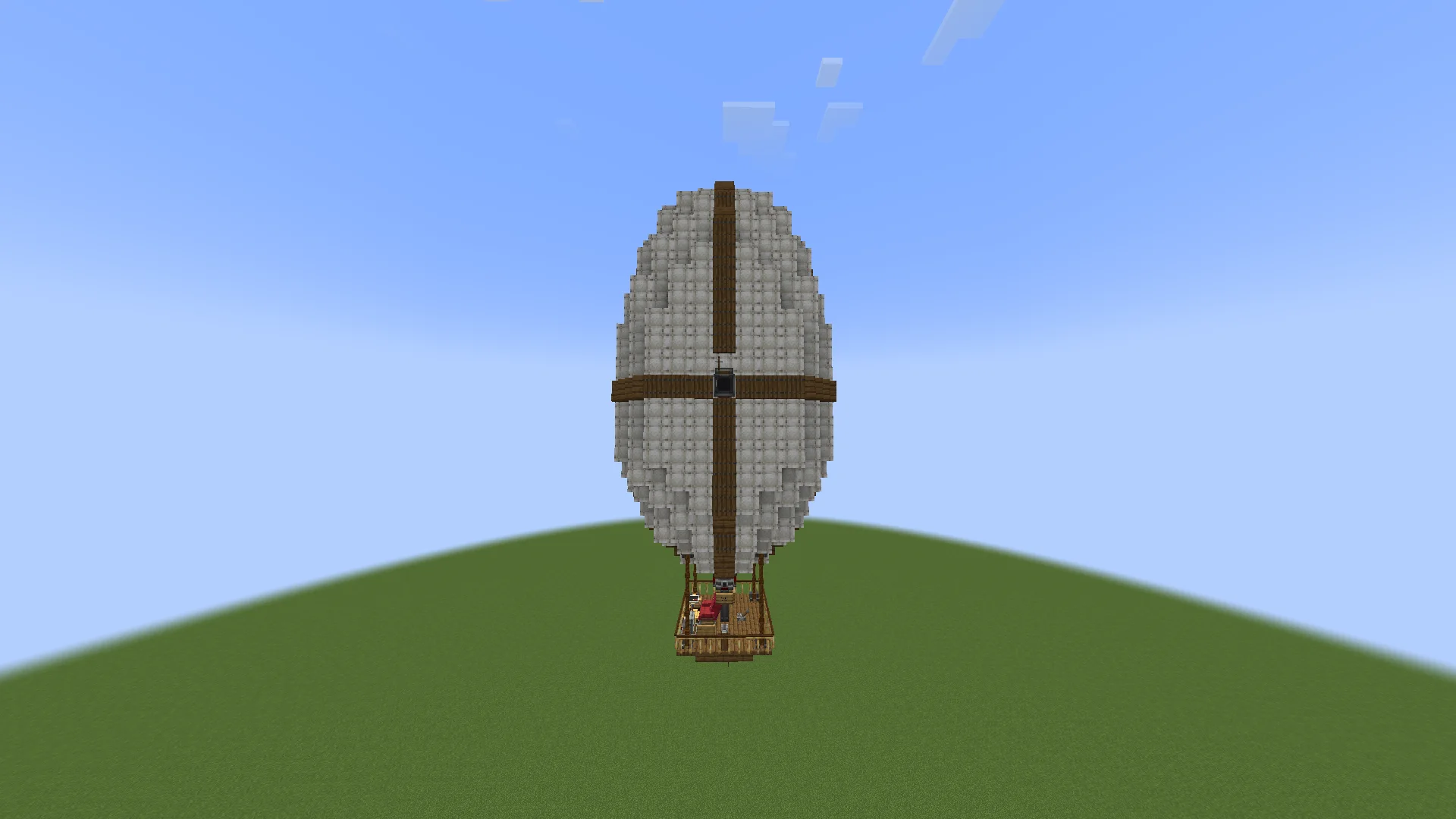Survival friendly hot air balloon with a tall white envelope, compact basket, spruce trapdoors, fluid pipes, tanks, and catwalk railing.
