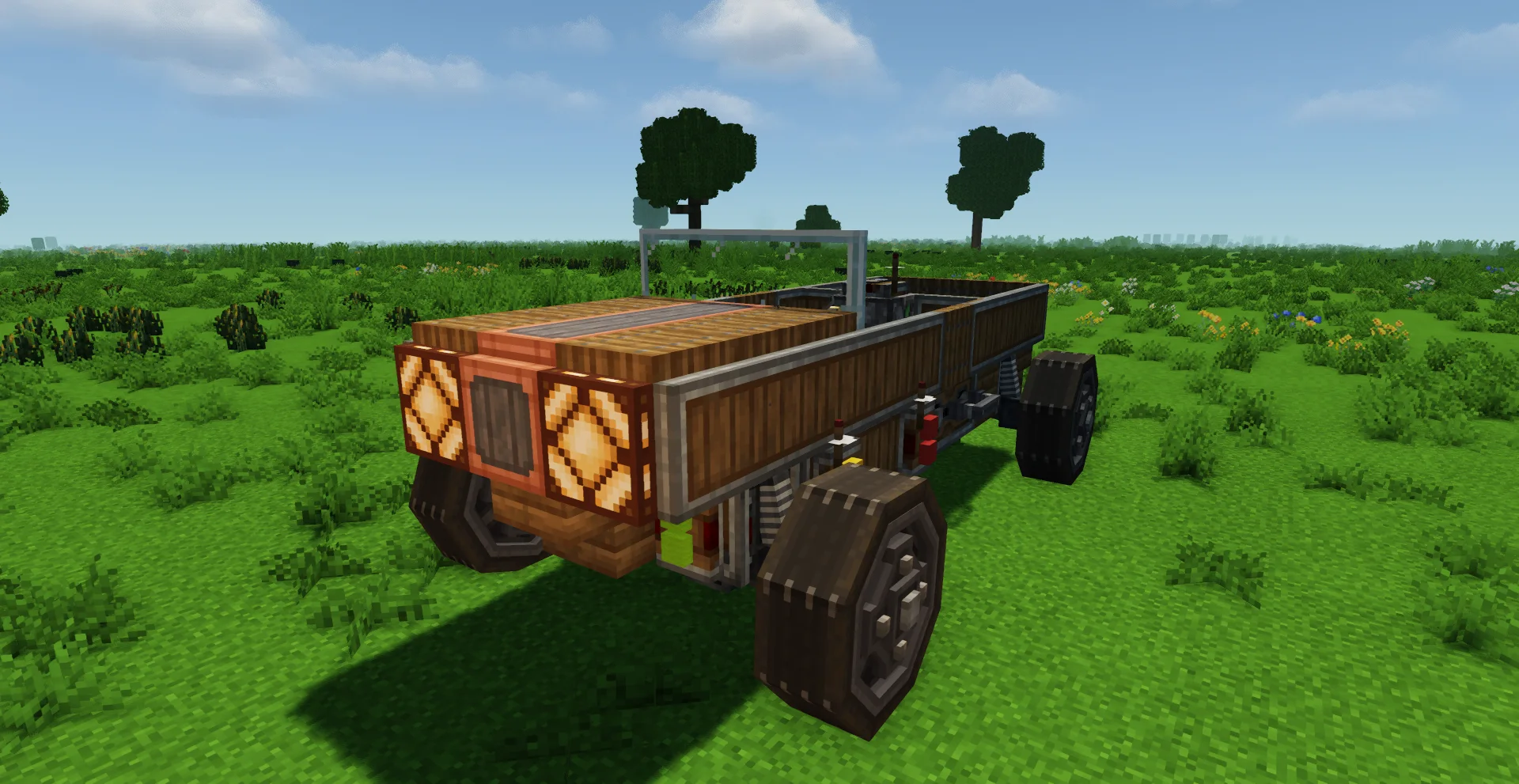 Survival Pickup-cabriolet "Benjamin" with Copycat Panel, Andesite Casing, Spruce Trapdoor, Encased Chain Drive, Redstone Link, Magenta Nameplate, Gearbox, and Spruce Planks, visible proportions, and a 5 x 3 x 12 schematic footprint.