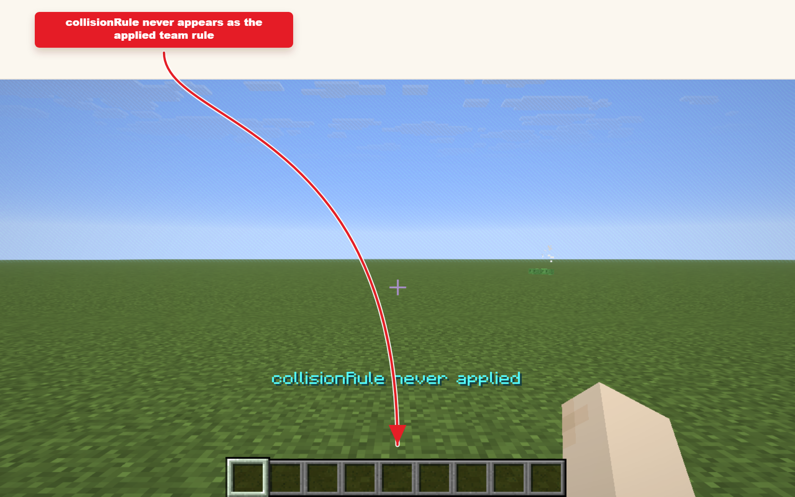 Capture d'écran Minecraft en jeu montrant le résultat prédéfini de la règle de collision d'équipe.