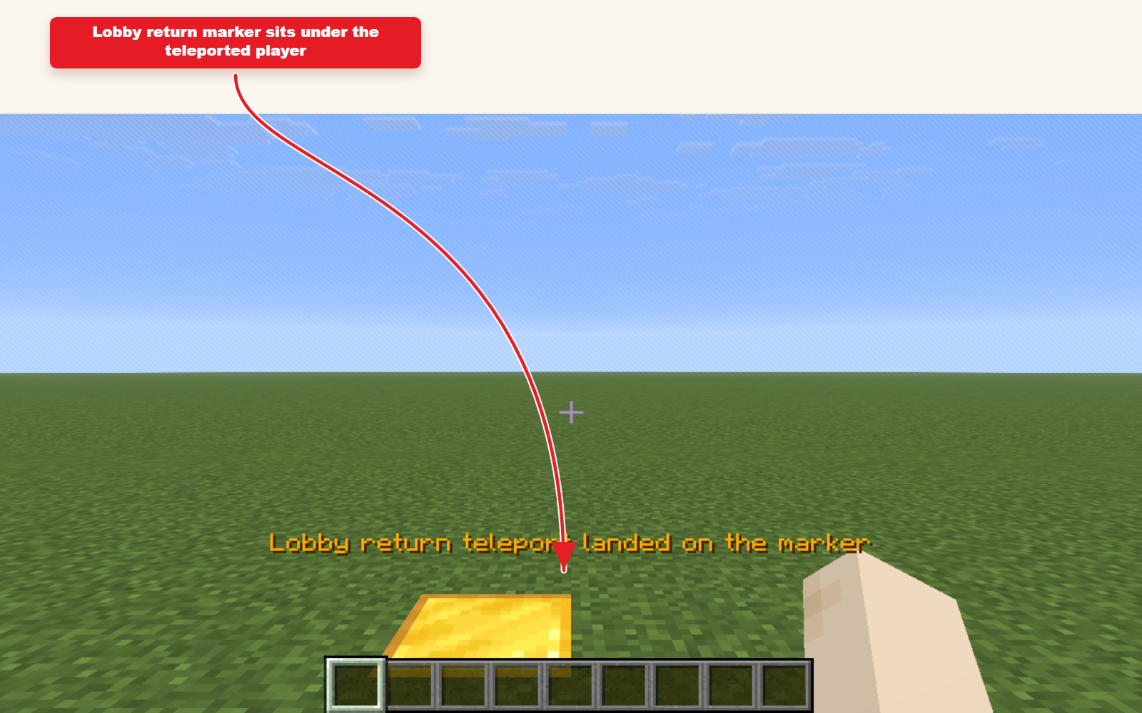 Lobi dönüşleri için Işınlanma ön ayarının sonucunu gösteren oyun içi Minecraft ekran görüntüsü.