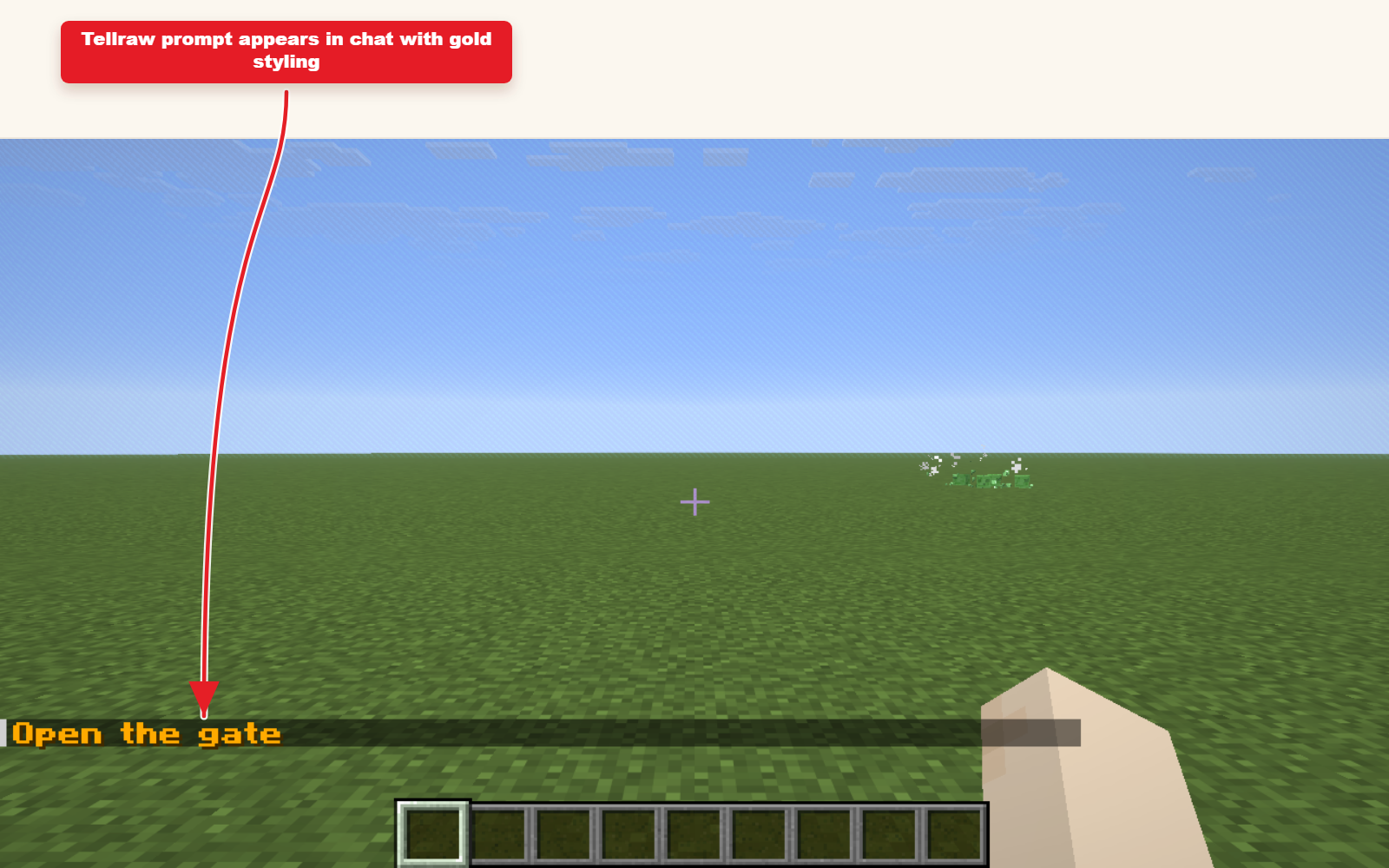 Capture d'écran Minecraft dans le jeu montrant le preset Tellraw avec les couleurs et le résultat du texte cliqué.