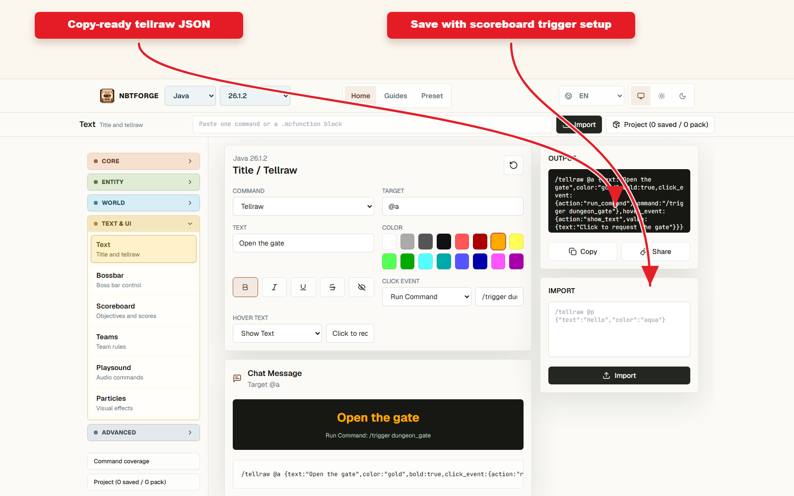 Output de commande compatible Copy pour le preset Tellraw avec couleurs et texte de clic.