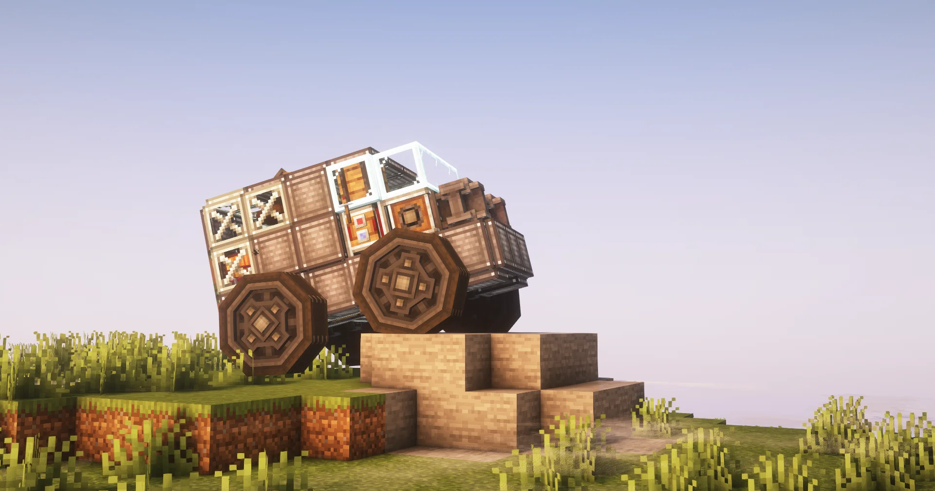 Terrain Vehicle (Self-refueling) with Copycat Panel, Industrial Iron Block, Encased Chain Drive, Copycat Base, Redstone Link, Wheel Mount, Red Portable Engine, and Metal Girder, visible proportions, and a 7 x 5 x 5 schematic footprint.