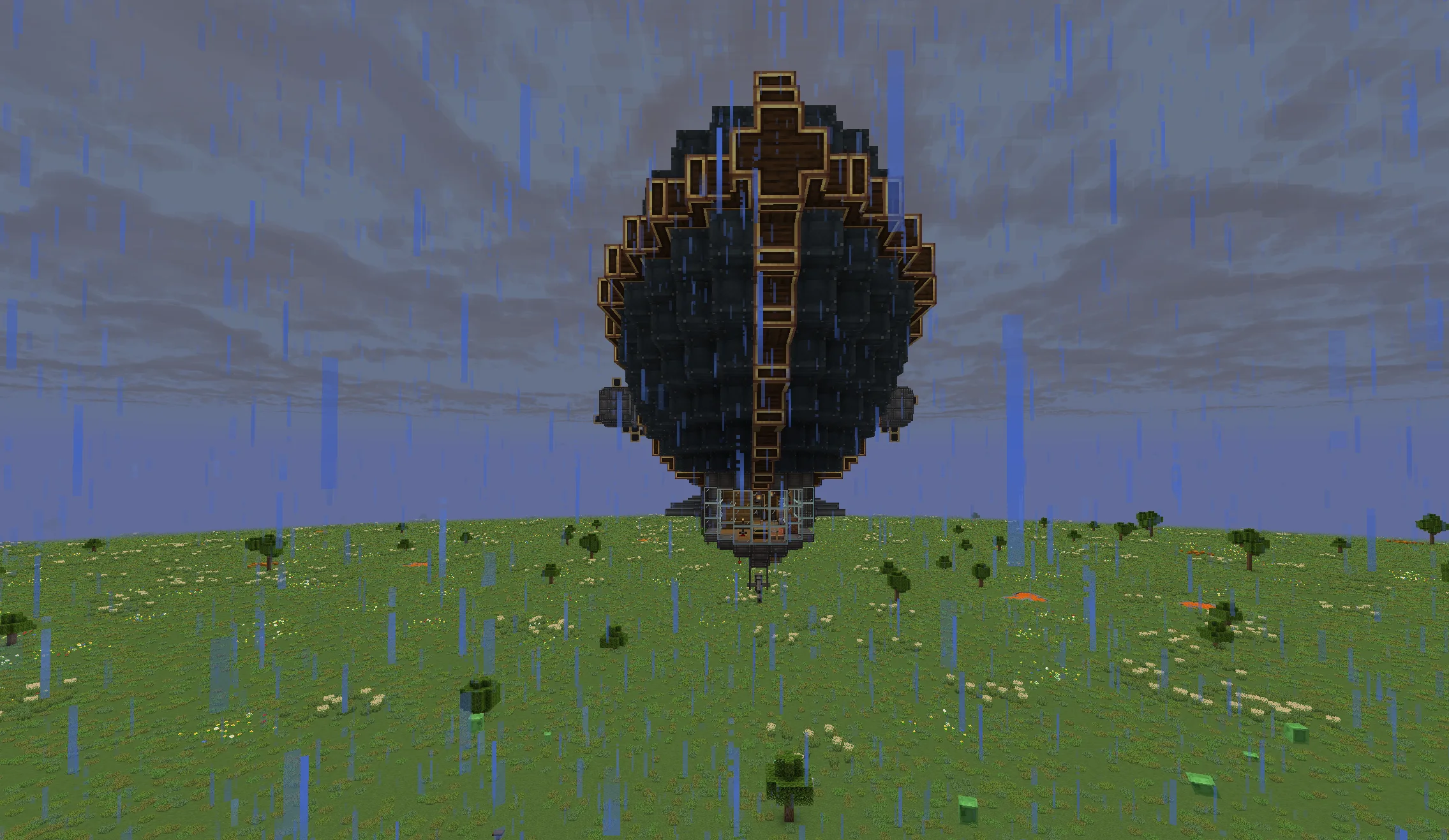 The Black Tempest airship with Gray Envelope, Copycat Slab, Industrial Iron Block, Shaft, Copycat Stairs, Gearbox, Fluid Tank, and Brass Casing, visible proportions, and a 129 x 30 x 37 schematic footprint.
