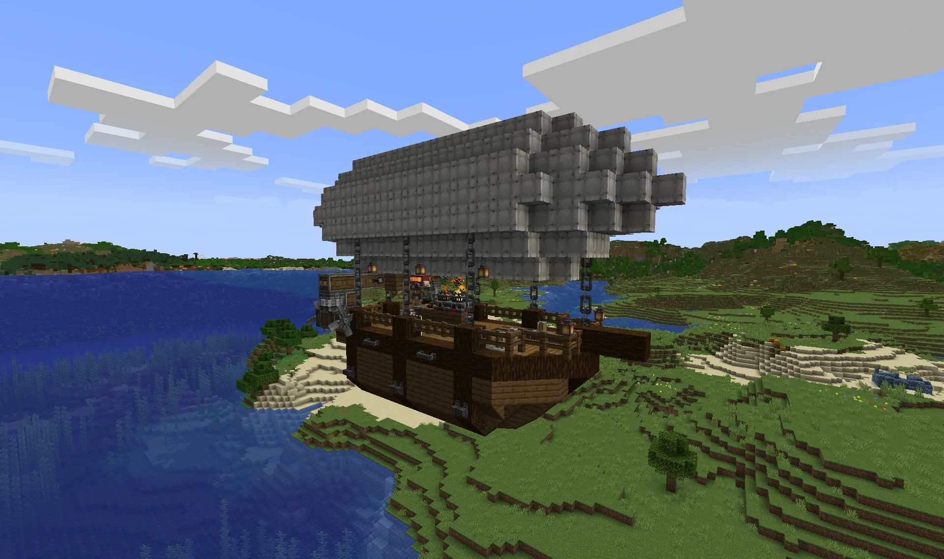 The Early Survivor airship with a white envelope, spruce hull, compact deck, copycat slopes, chains, and barrel storage detail.