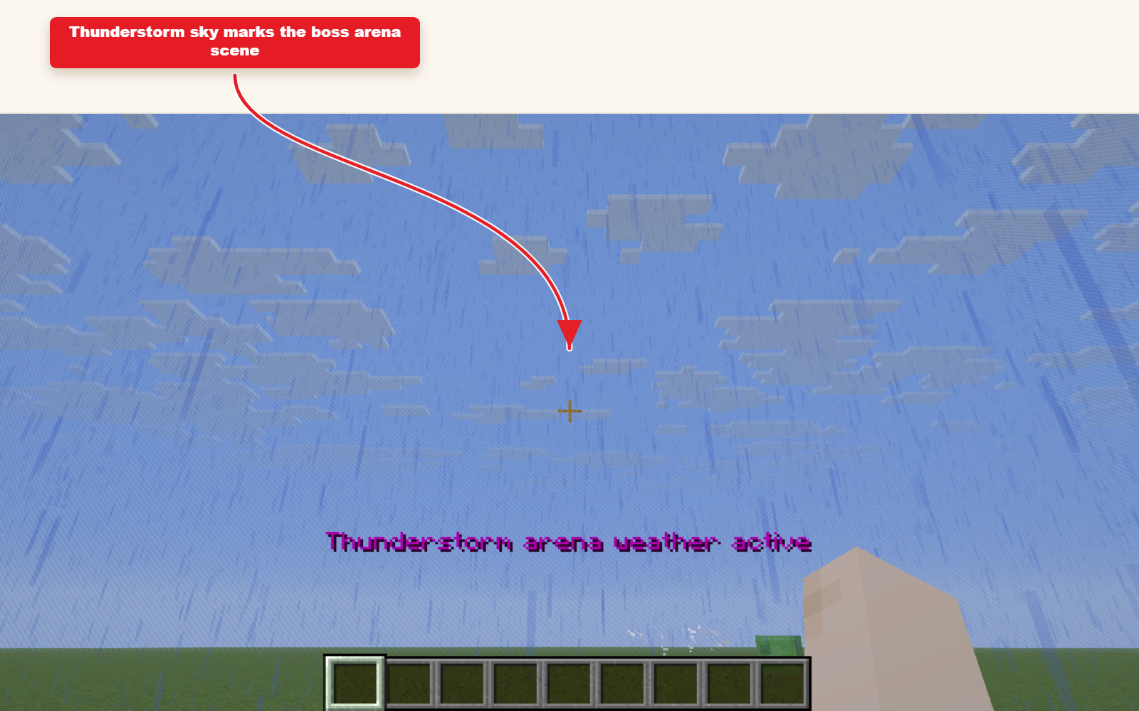 Boss 아레나에 대한 Thunderstorm preset 결과를 보여주는 게임 내 Minecraft 스크린샷.