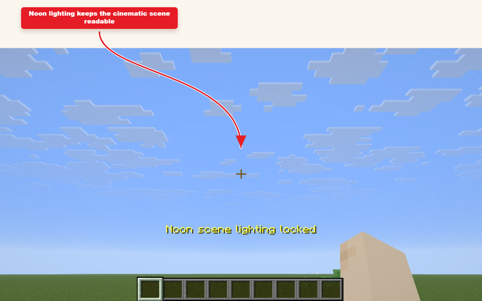 Capture d'écran Minecraft en jeu montrant le résultat du preset de temps pour les scènes cinématiques.