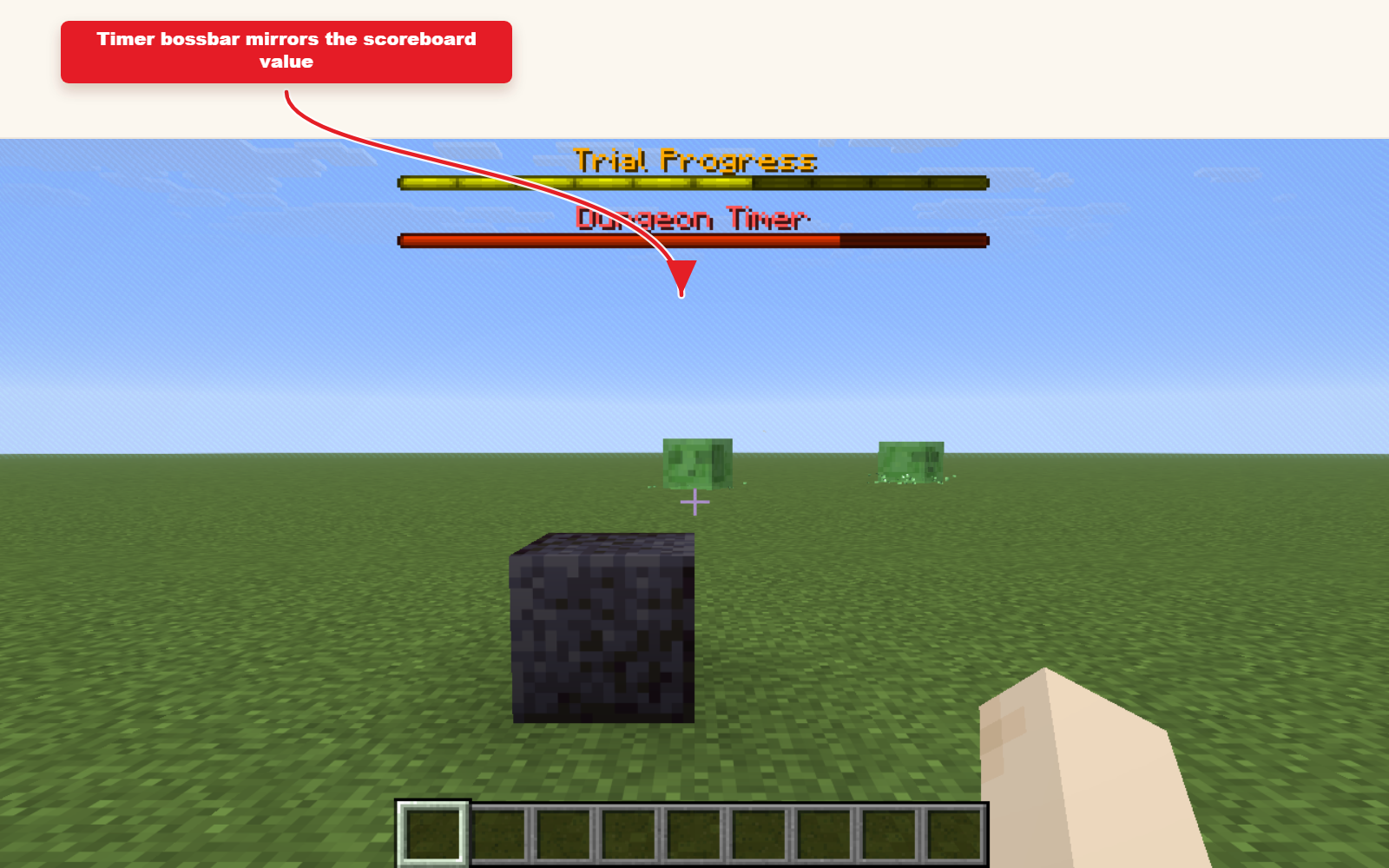 In-game Minecraft screenshot showing Timed bossbar preset with scoreboard state result.