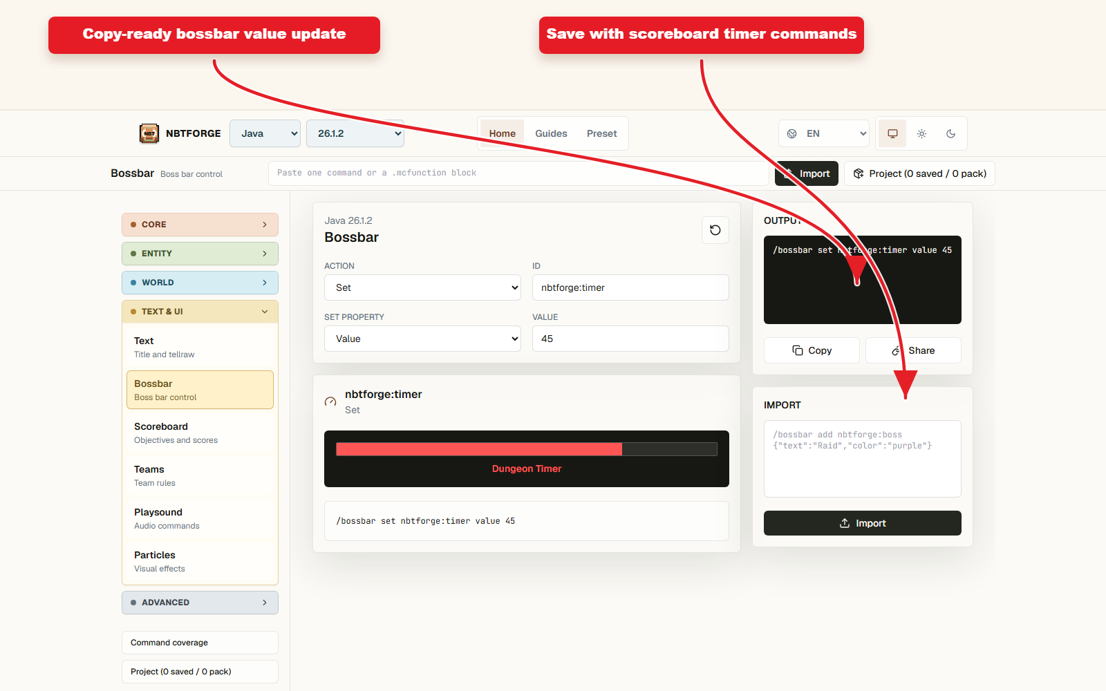 Copy-ready command output for Timed bossbar preset with scoreboard state.
