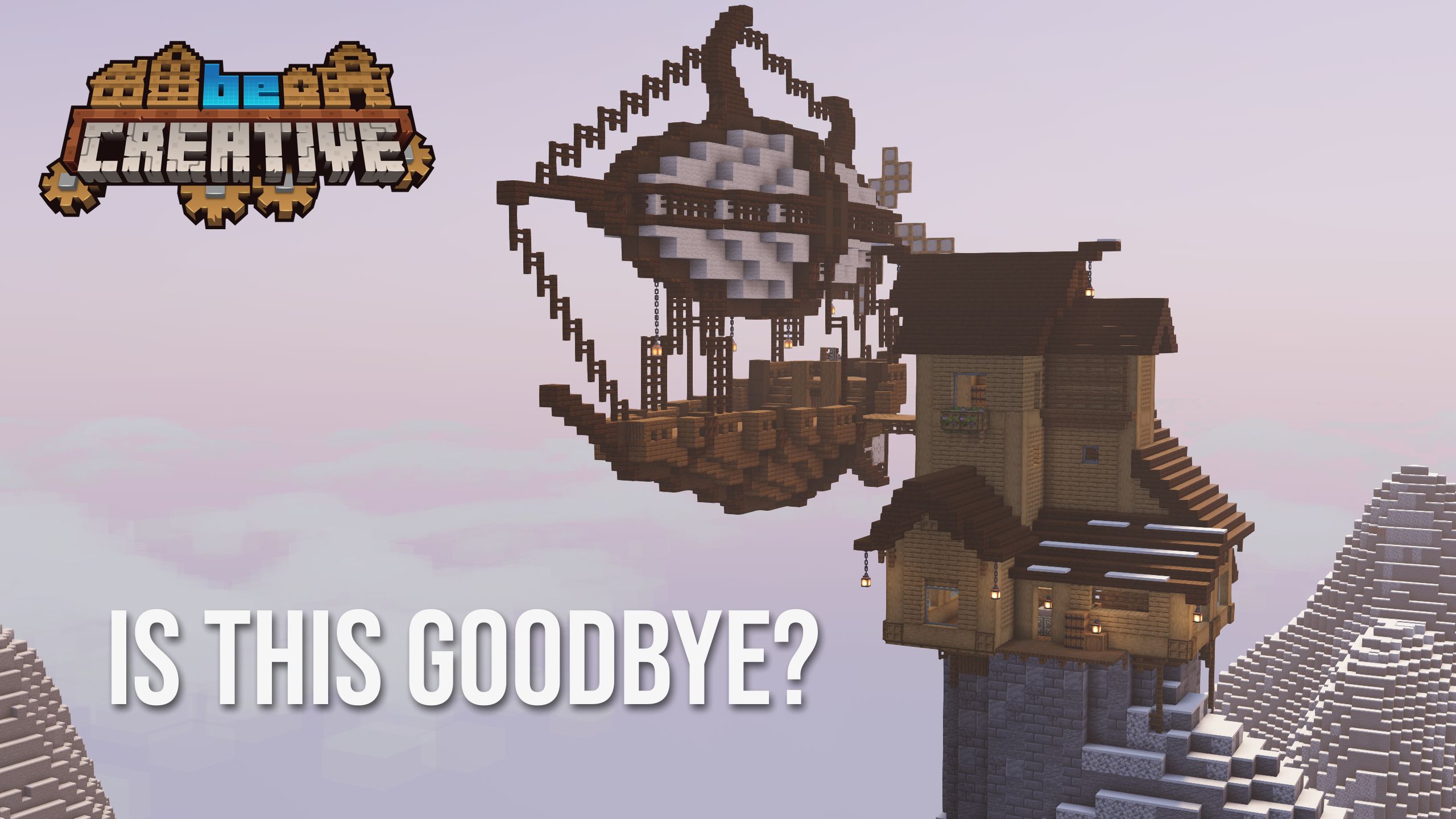 Large tower and docked airship scene with a white balloon, wooden hull, dark roof, snowy terrain, and BeCreative SMP title graphic.
