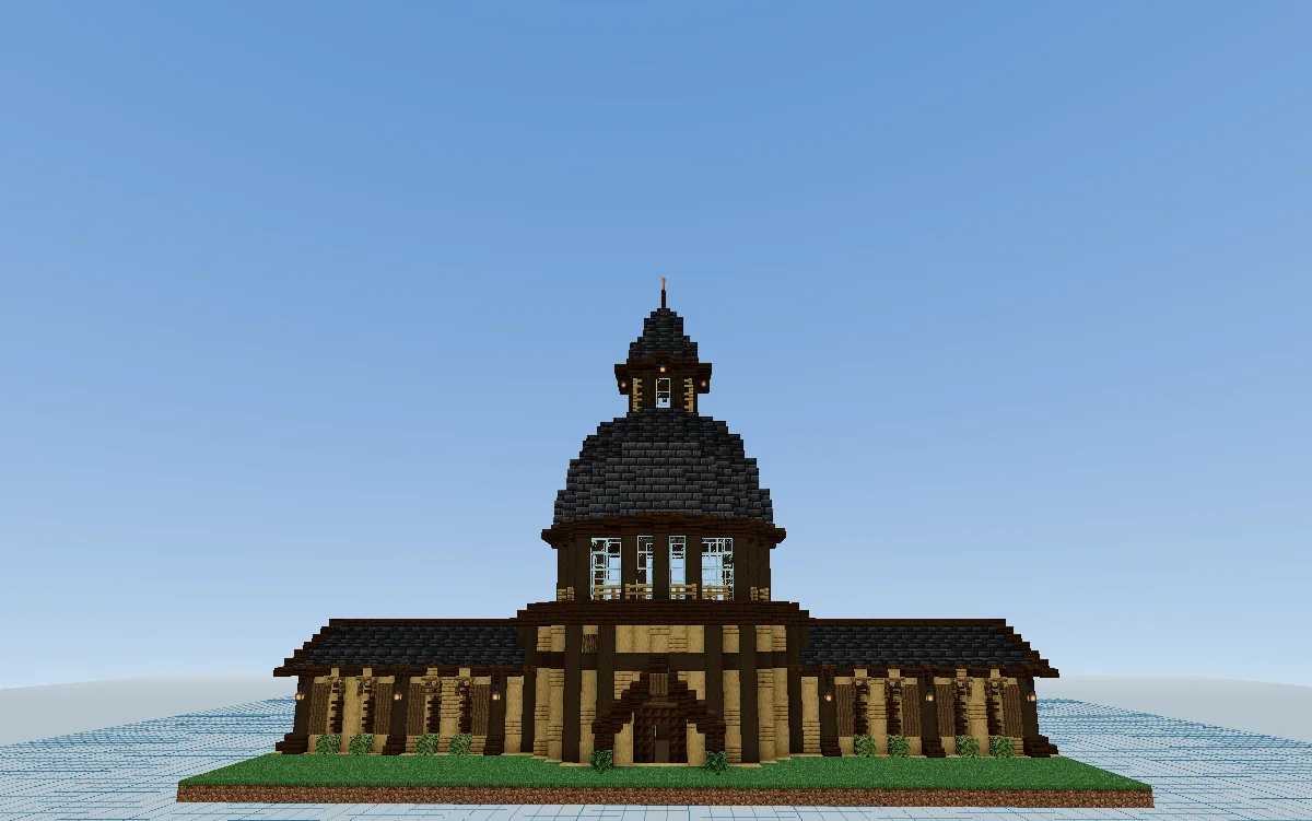 Villager Trading Hall with Grass Block, Stripped Dark Oak Log, Stripped Oak Log, Oak Planks, Stone Bricks, Deepslate Tile Slab, Dark Oak Slab, and Deepslate Tiles, visible proportions, and a 47 x 35 x 27 schematic footprint.