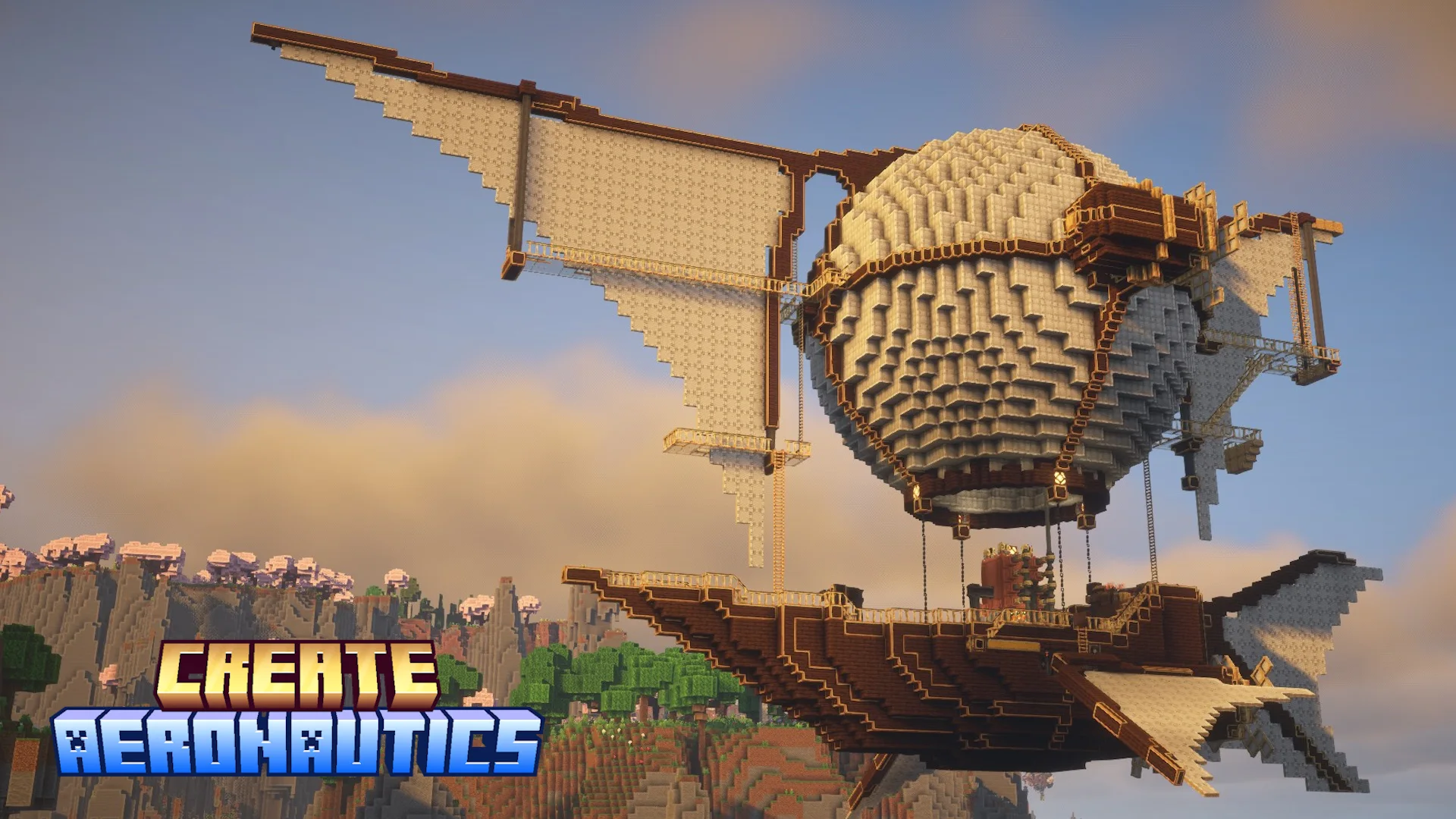Voyaging Airship Archimedes with White Envelope, White Symmetric Sail, Dark Oak Planks, Brass Casing, Copycat Stairs, Dark Oak Stairs, Brass Catwalk Railing, and Spruce Planks, visible proportions, and a 94 x 51 x 59 schematic footprint.